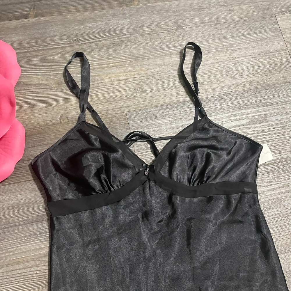 NWT LINEA DONATELLA Sz L Black Satin Long Babydoll Slip Dress Nightgown Y2K VTG